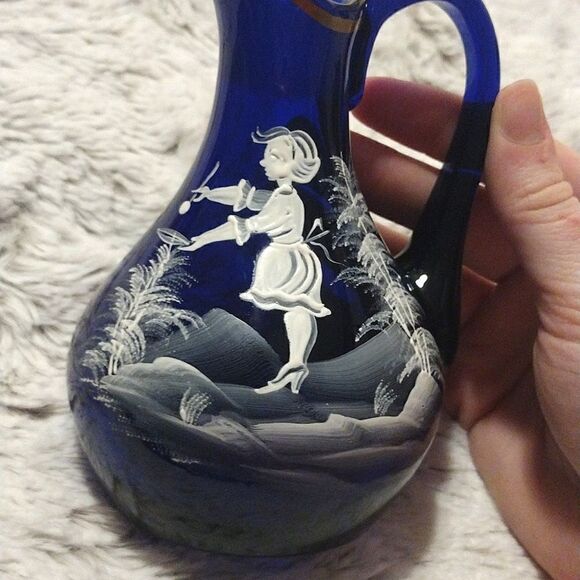 Vintage Set of Two Cobalt Blue Small Mary Gregory Cruets, Ewer Hand Painted Pair - Picture 8 of 15